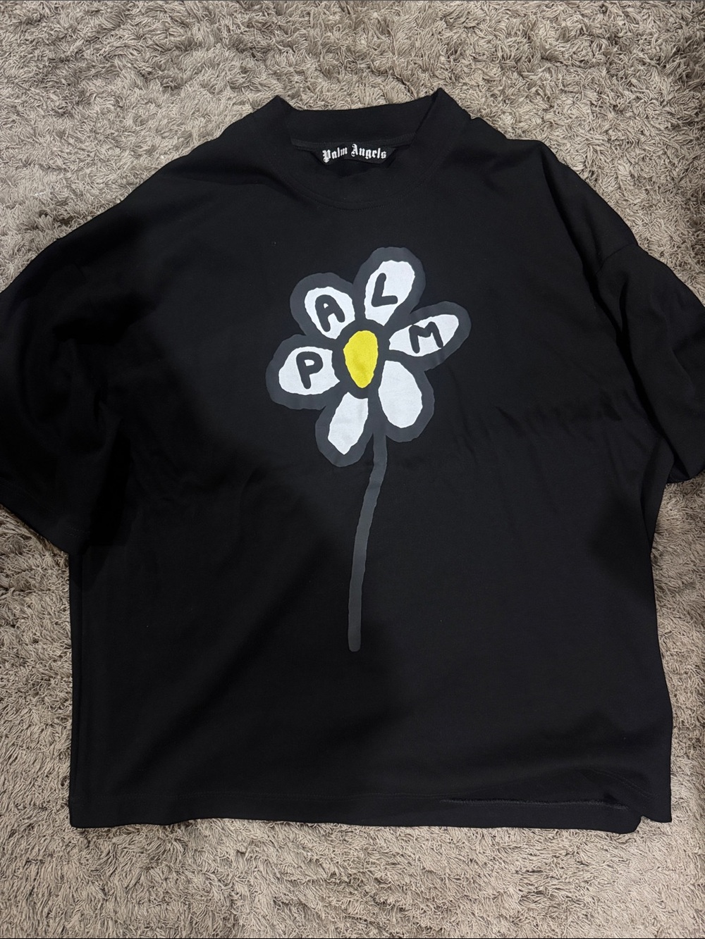 Palm Angels Black Tee with White Daisy and Yellow Center
